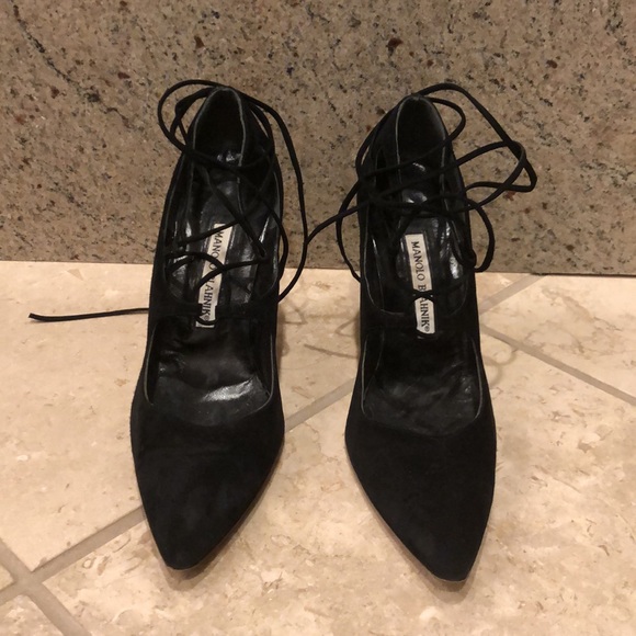 Manolo Blahnik strappy lace up suede pointed toe stiletto heel pump - Picture 5 of 11